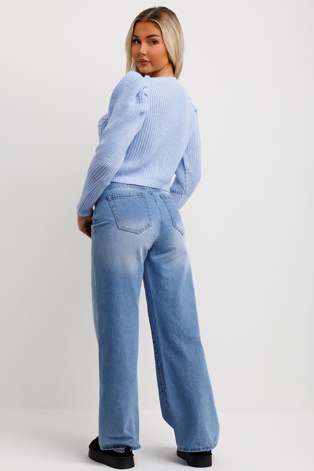 Knitted Jumper with Puff Sleeves Sky Blue | Xtralitty