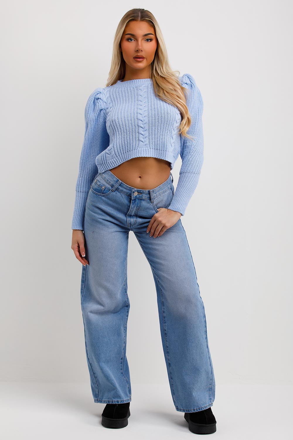 Knitted Jumper with Puff Sleeves Sky Blue | Xtralitty
