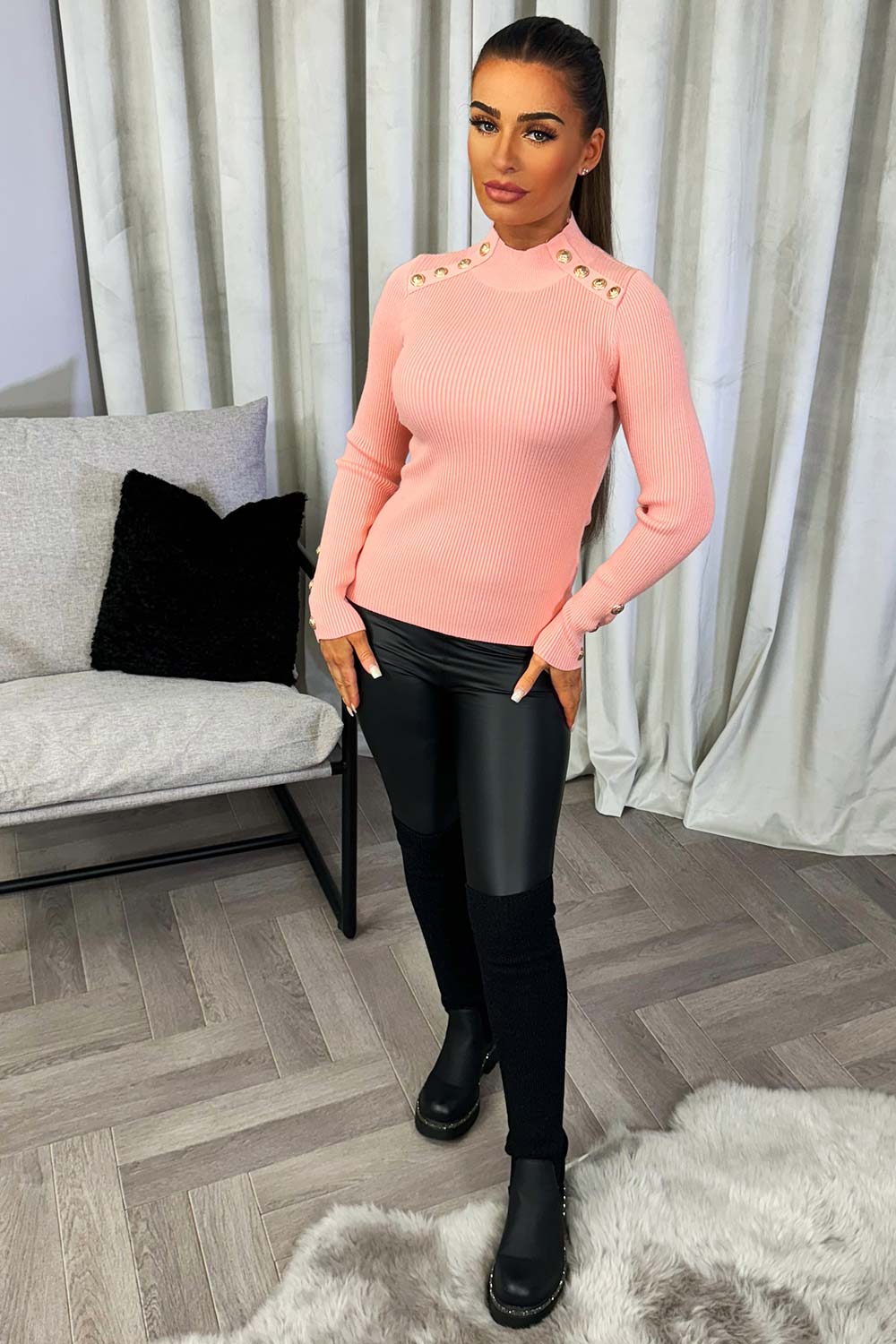 Pink Knitted Ribbed Jumper with Gold Buttons | Xtralitty
