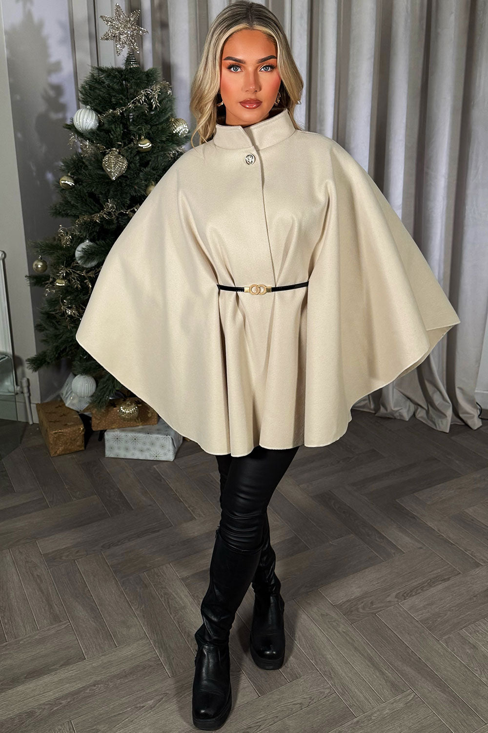 Cape with Belt and Button Beige Poncho | Xtralitty