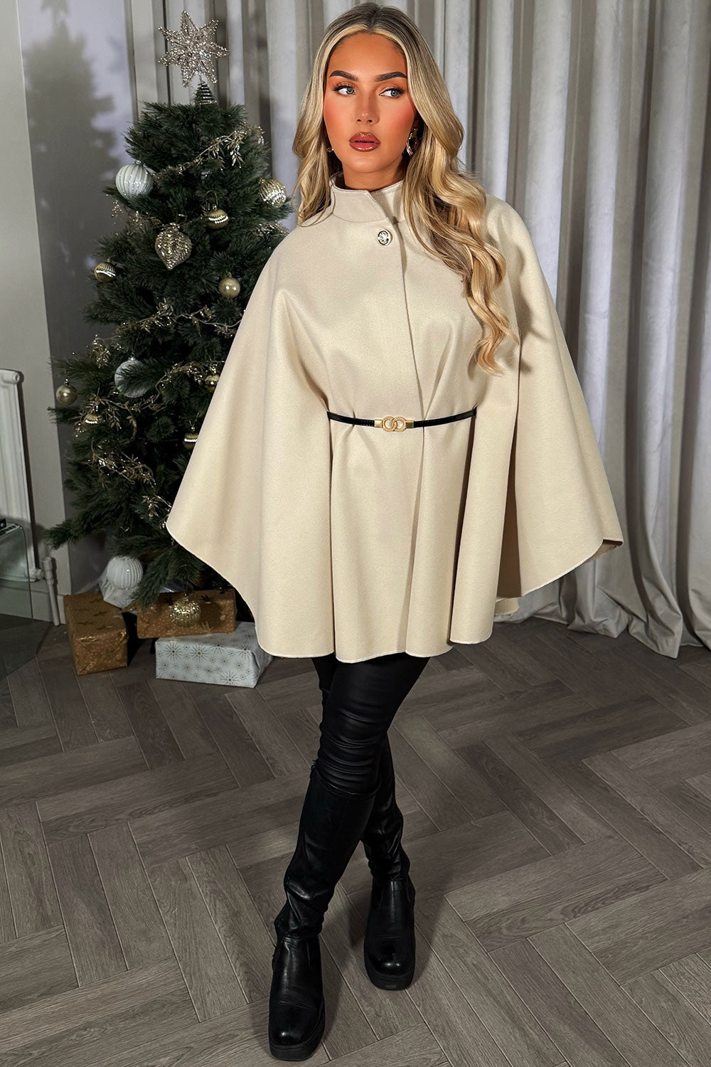Cape with Belt and Button Beige Poncho | Xtralitty