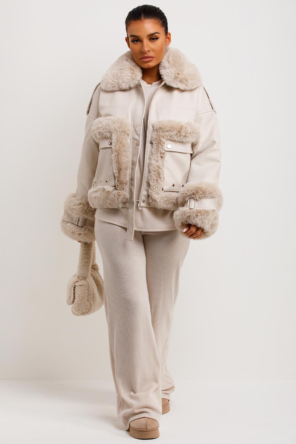 Faux Fur Trim Faux Leather Jacket Beige | Xtralitty