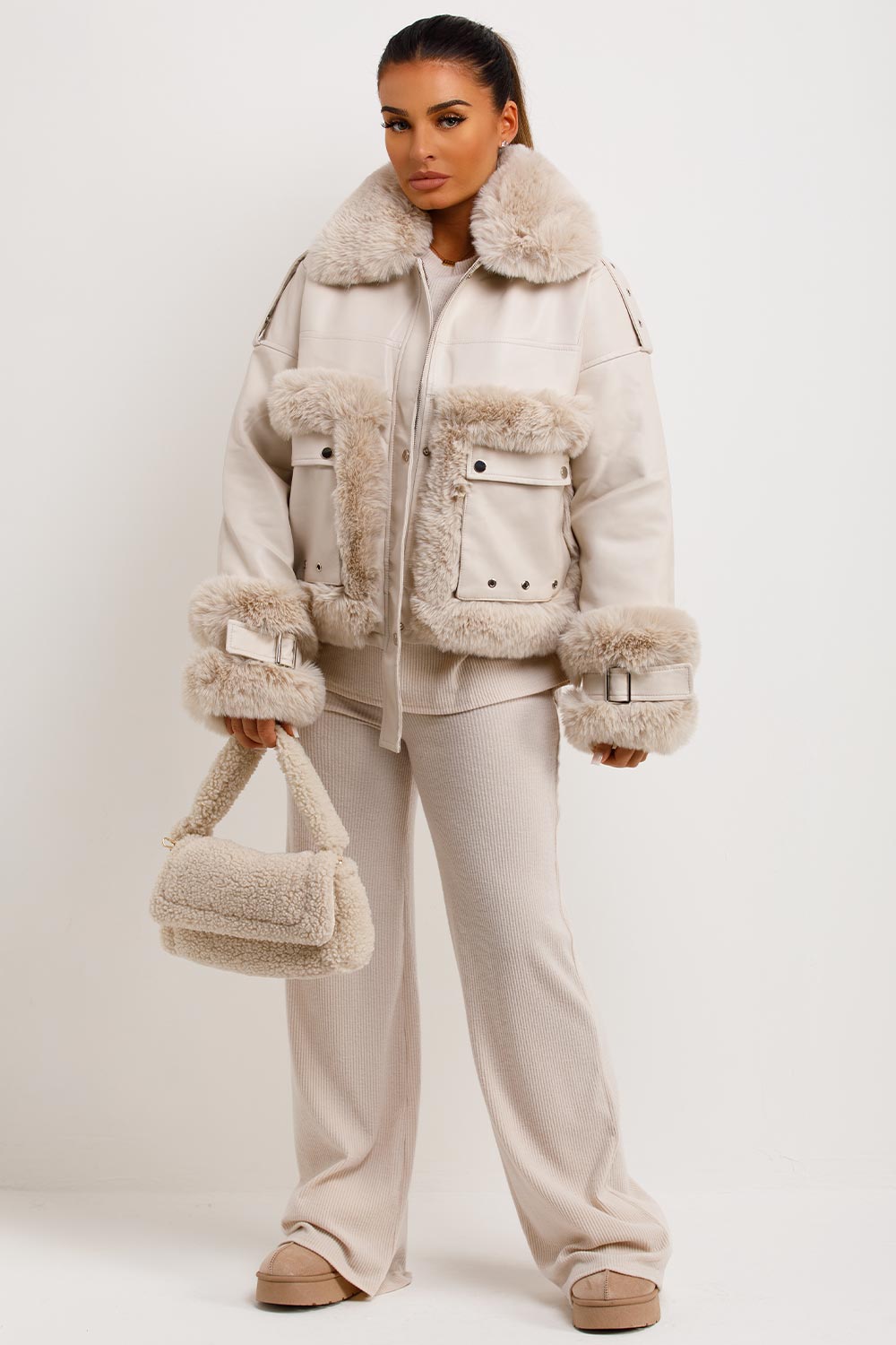 Faux Fur Trim Faux Leather Jacket Beige | Xtralitty