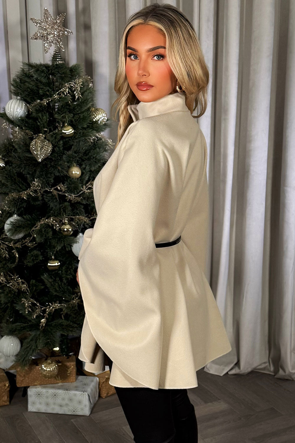 Cape with Belt and Button Beige Poncho | Xtralitty