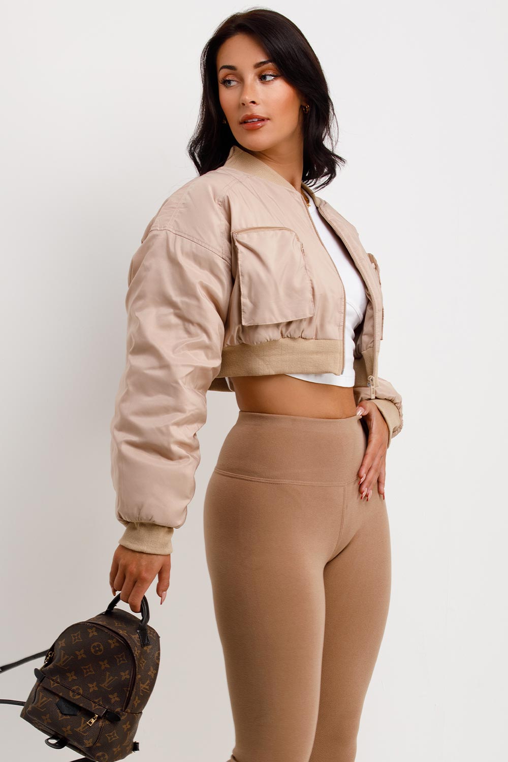 Crop Bomber Jacket with Pockets Beige | Xtralitty