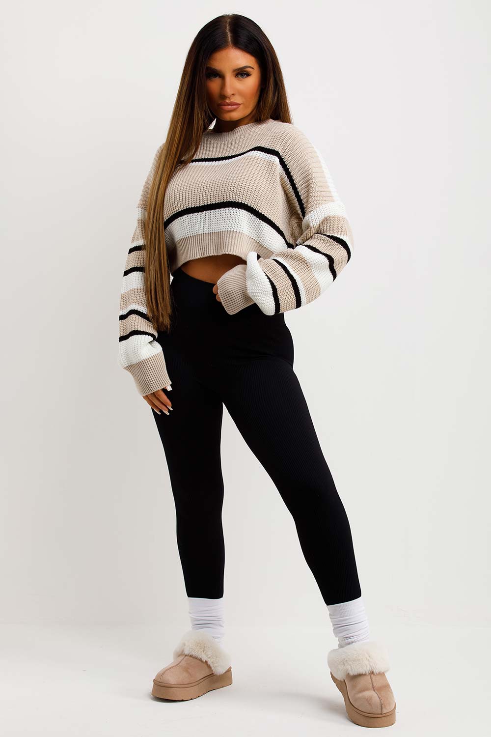Crop Knitted Jumper with Stripes Beige | Xtralitty