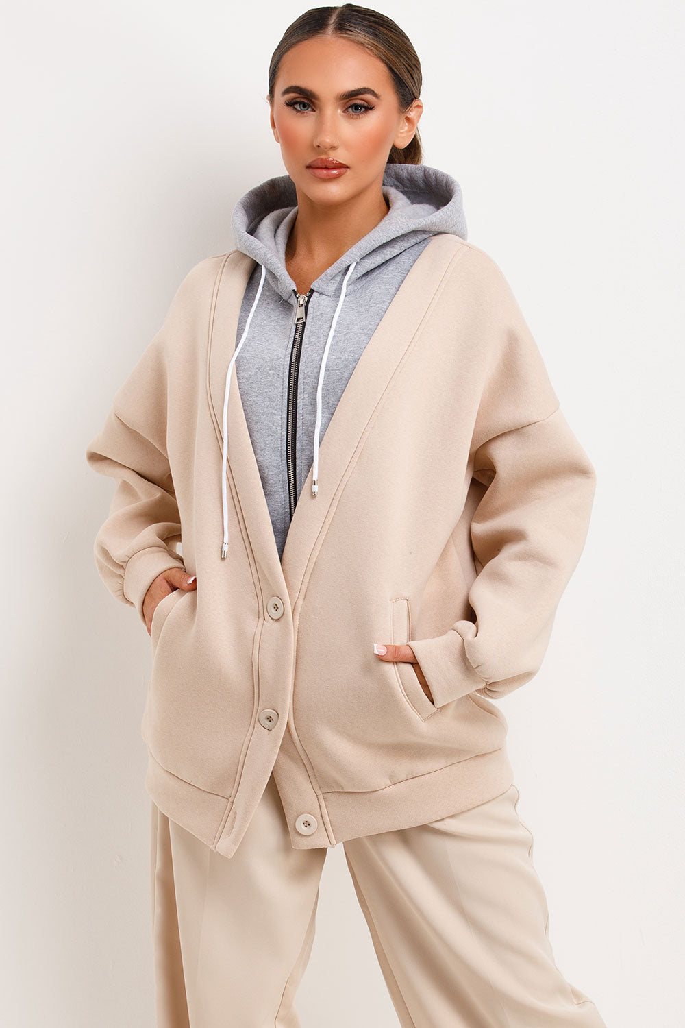 Zip Up Hoodie Cardigan Beige | Xtralitty