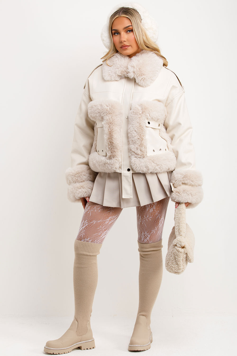 Faux Fur Trim Faux Leather Jacket Beige | Xtralitty