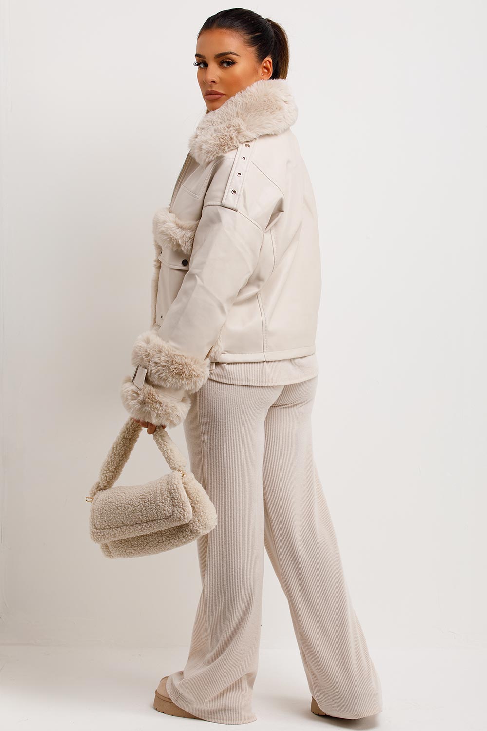 Faux Fur Trim Faux Leather Jacket Beige | Xtralitty