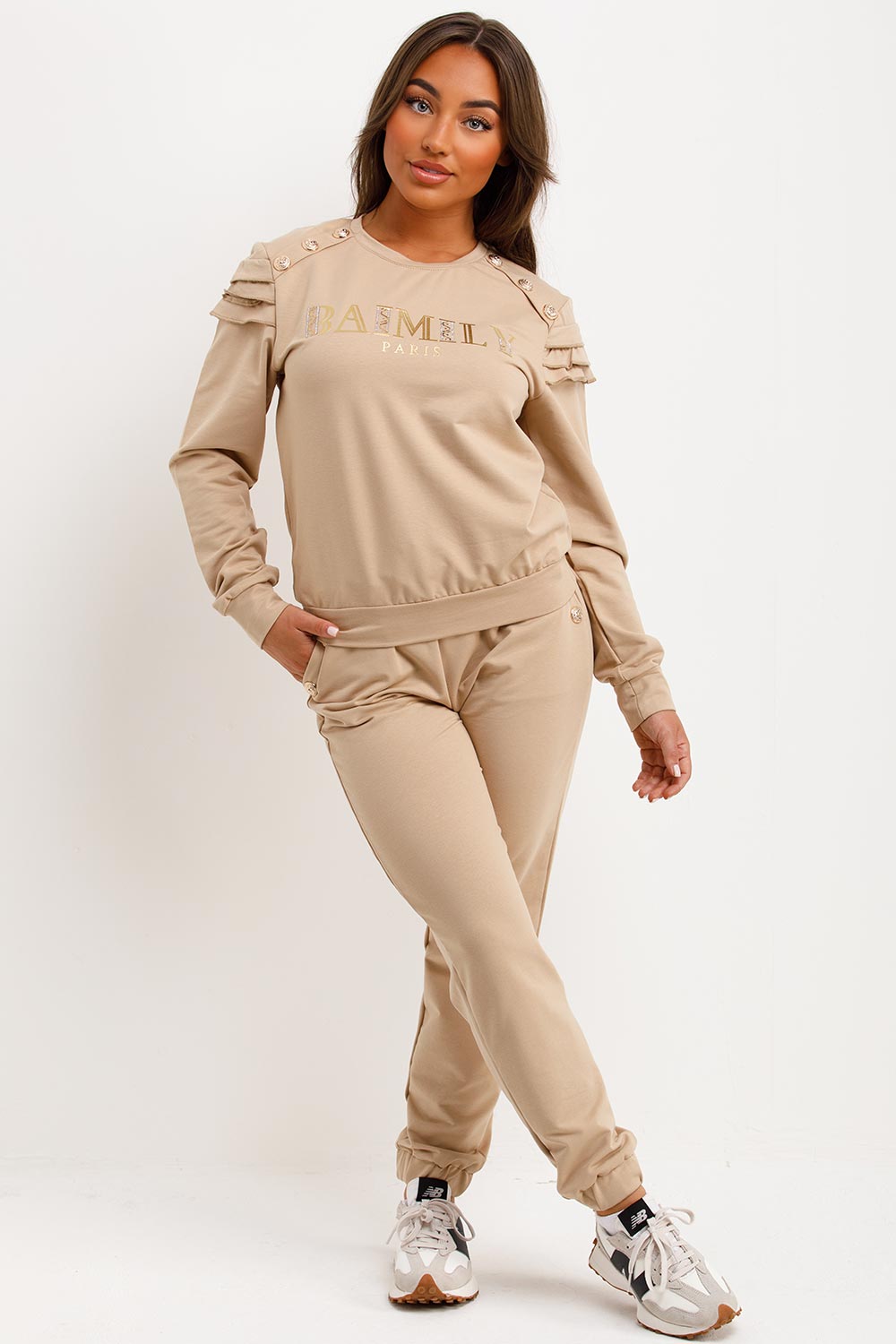 Gold Button Frill Shoulder Loungewear Set Beige | Xtralitty