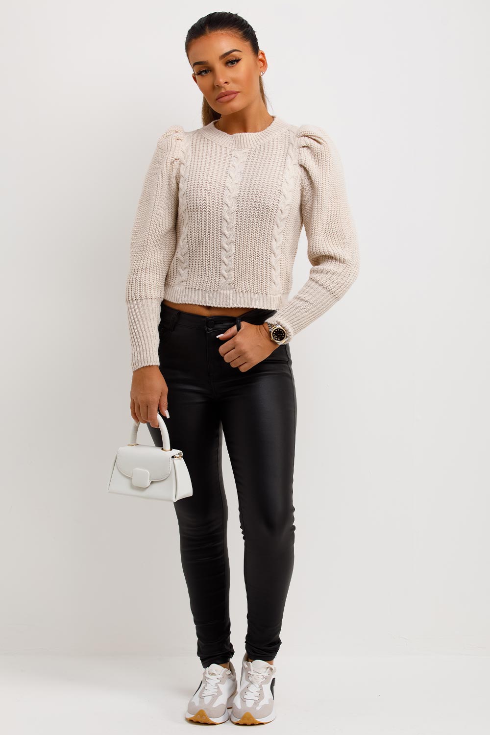 Knitted Jumper with Puff Sleeves Beige | Xtralitty