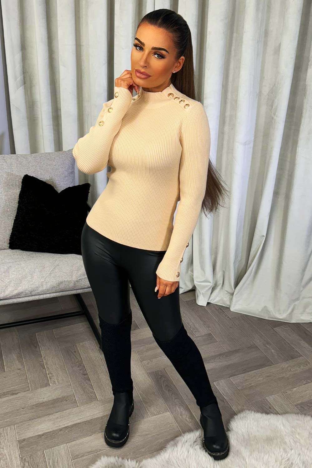 Beige Knitted Ribbed Jumper with Gold Buttons | Xtralitty