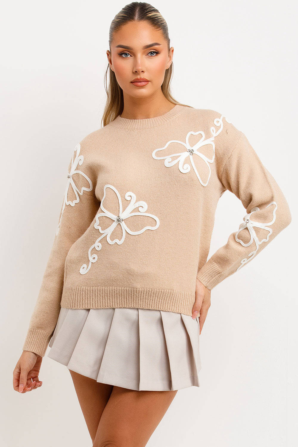 Knitted Jumper with Diamanties Butterfly Embroid | Xtralitty