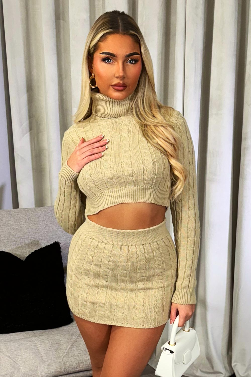 Roll Neck Jumper Knit Skirt Set Beige | Xtralitty