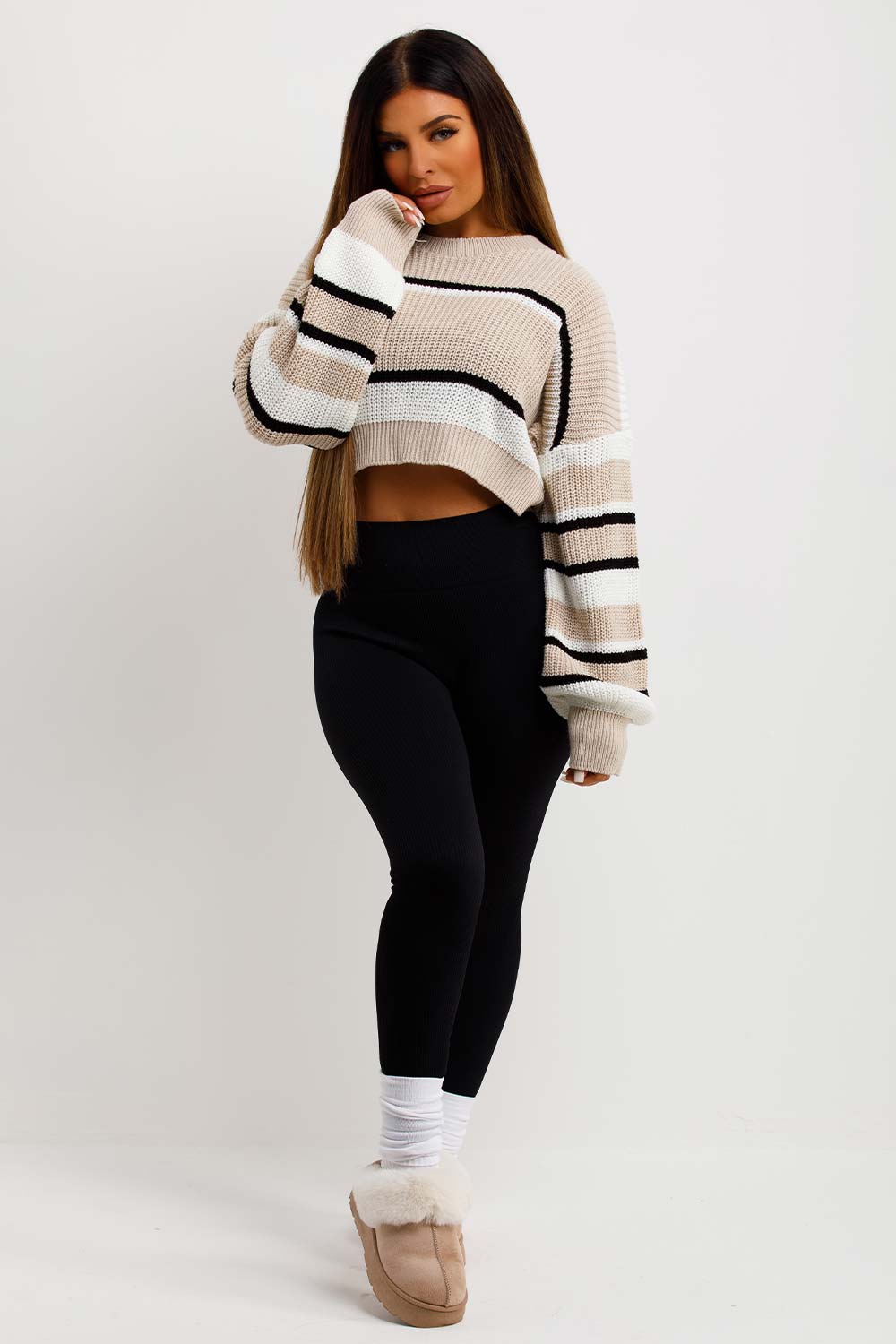 Crop Knitted Jumper with Stripes Beige | Xtralitty