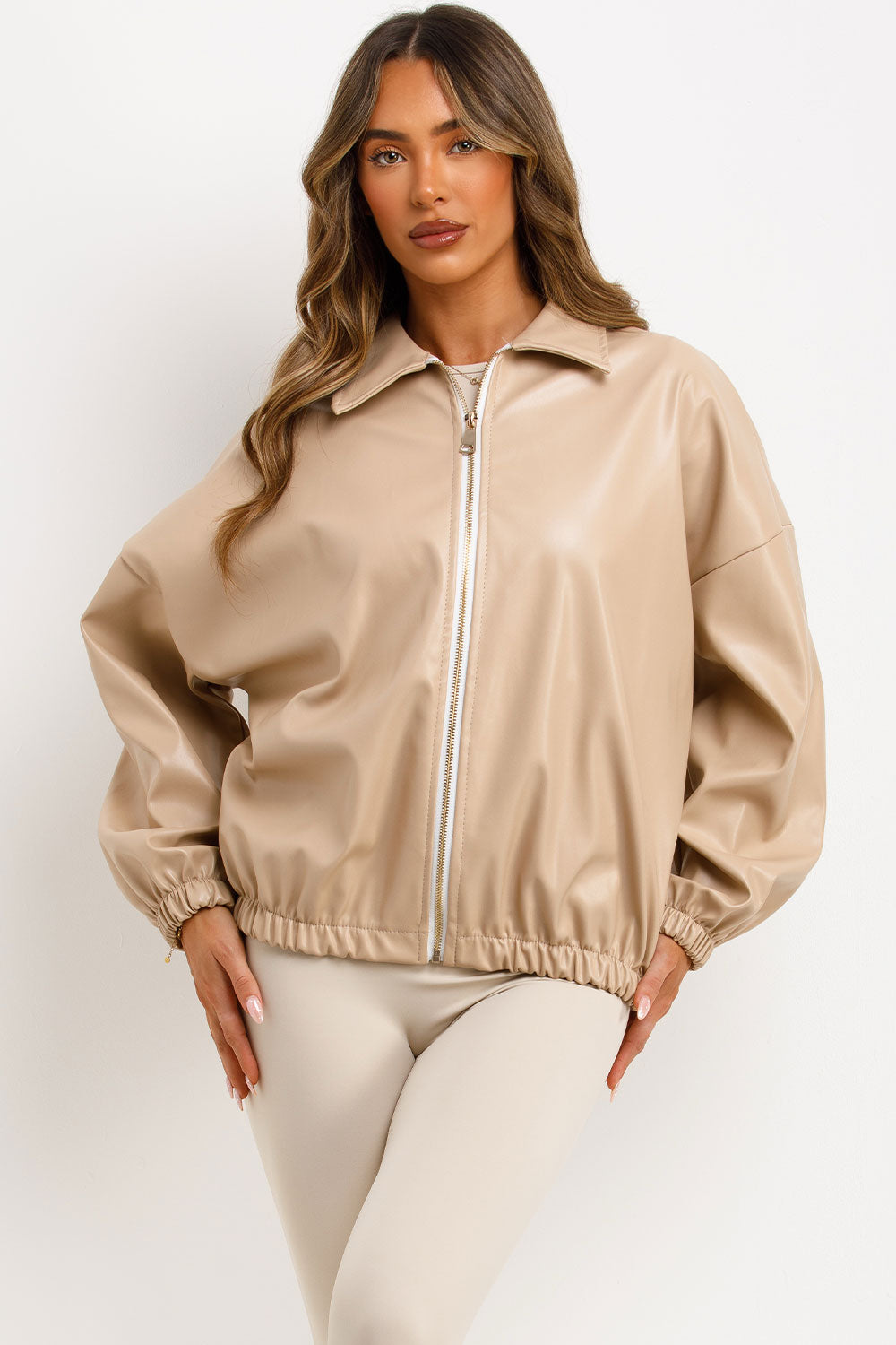Faux Leather Bomber Jacket Beige | Xtralitty