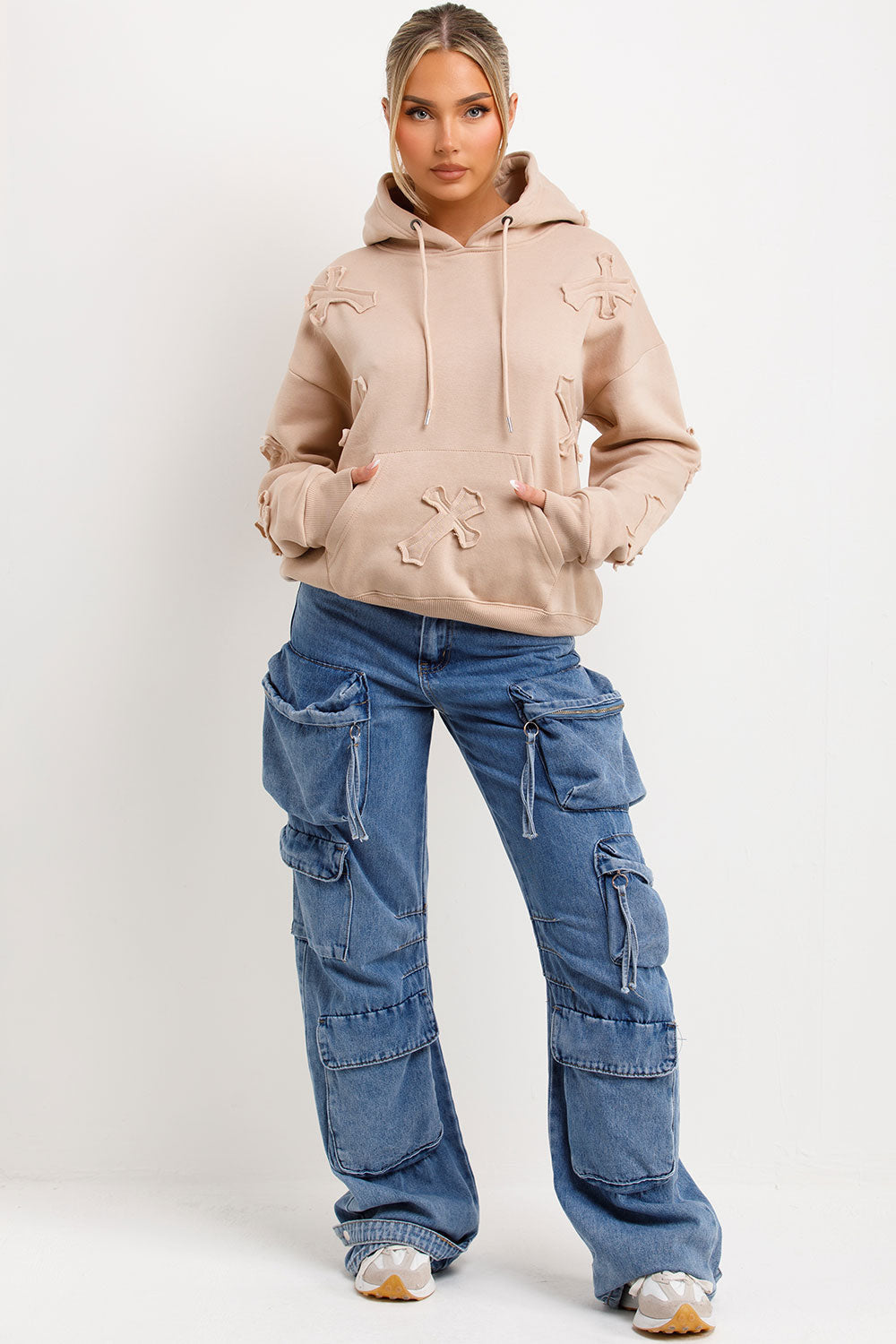 Hoodie with Cross Applique Embroidery Beige | Xtralitty