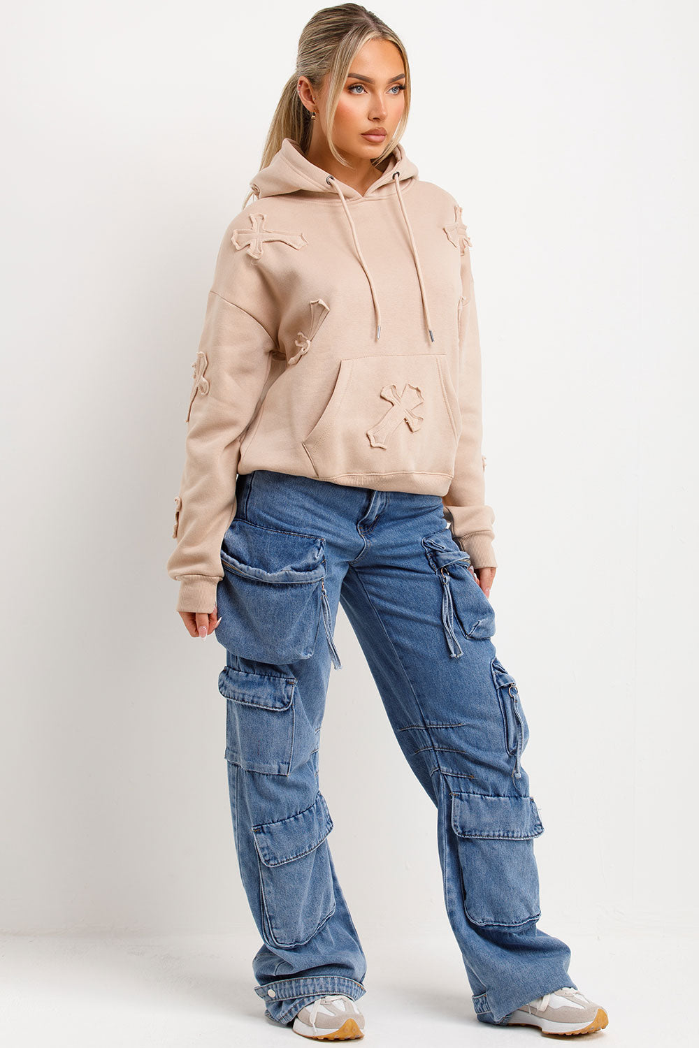 Hoodie with Cross Applique Embroidery Beige | Xtralitty