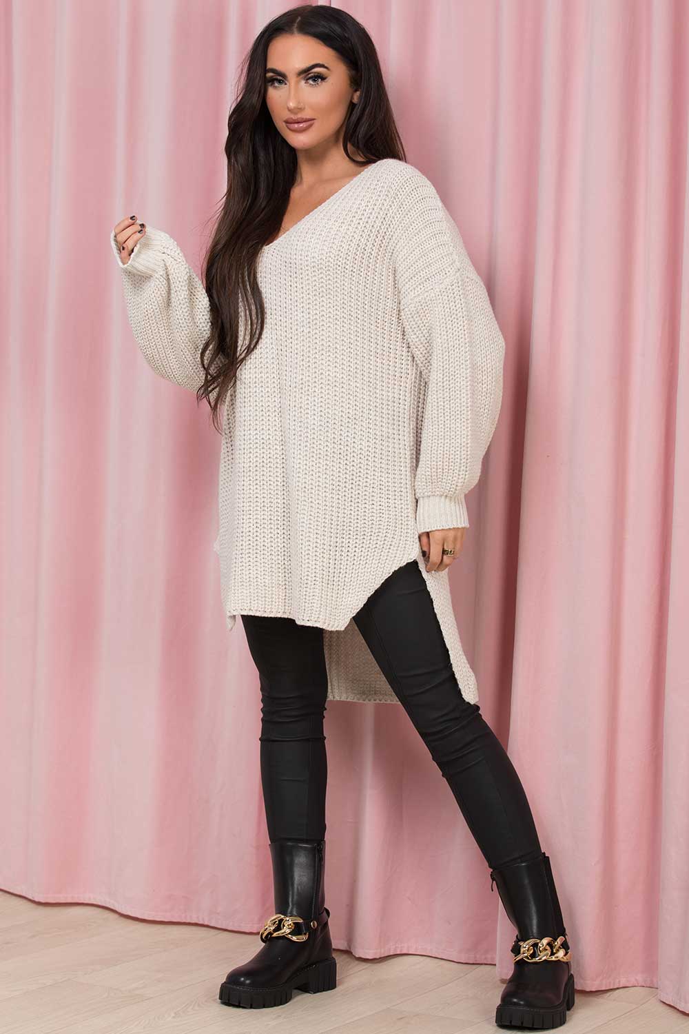 Oversized Knitted Jumper V Neck Beige | Xtralitty