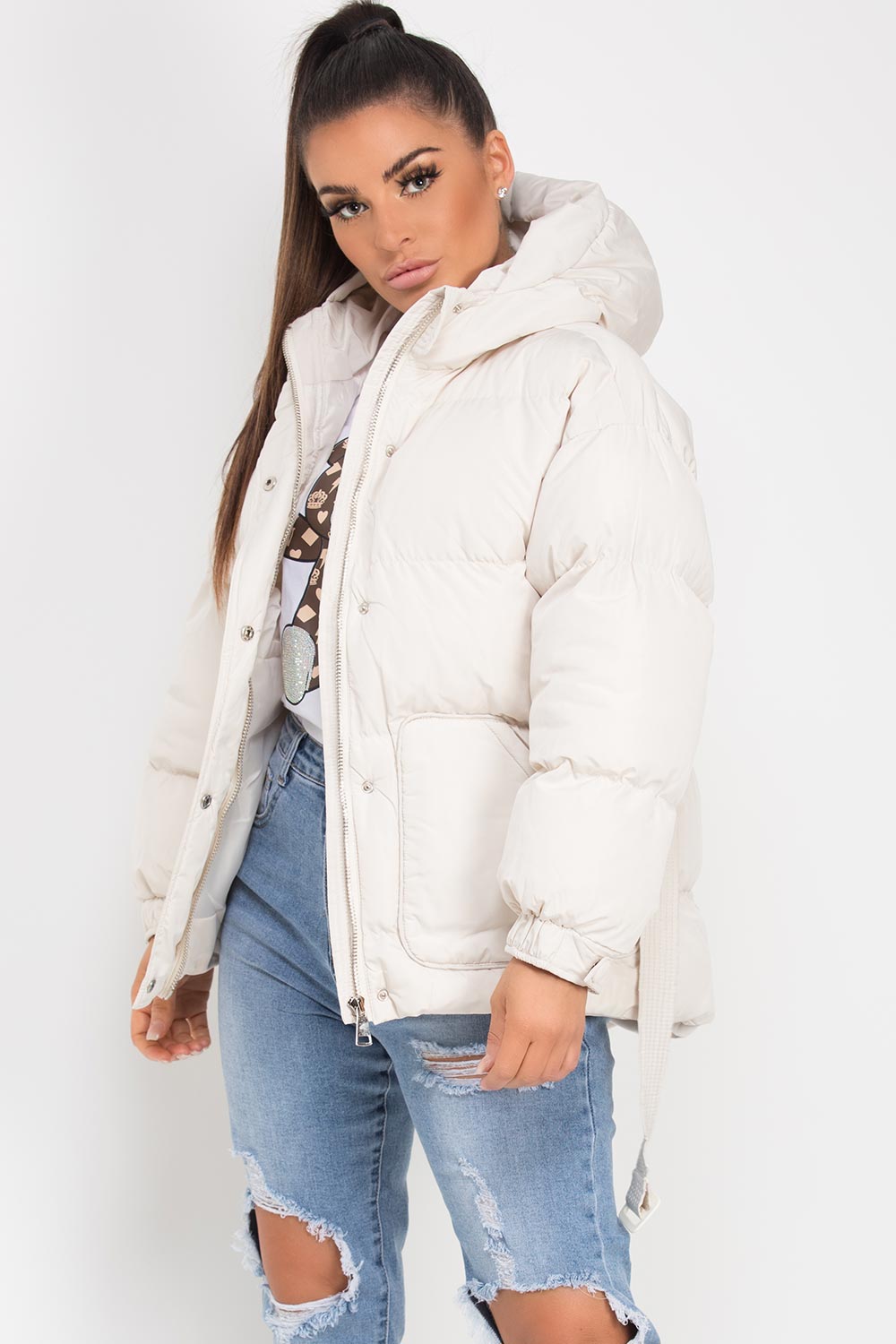 Puffer Padded Jacket with Belt Beige | Xtralitty