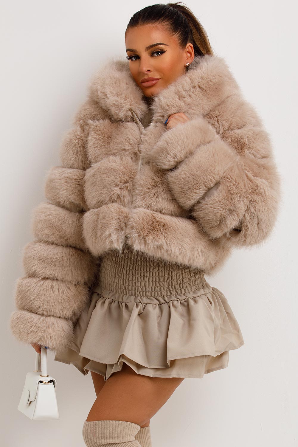 Faux Fur Coat with Hood Beige | Xtralitty