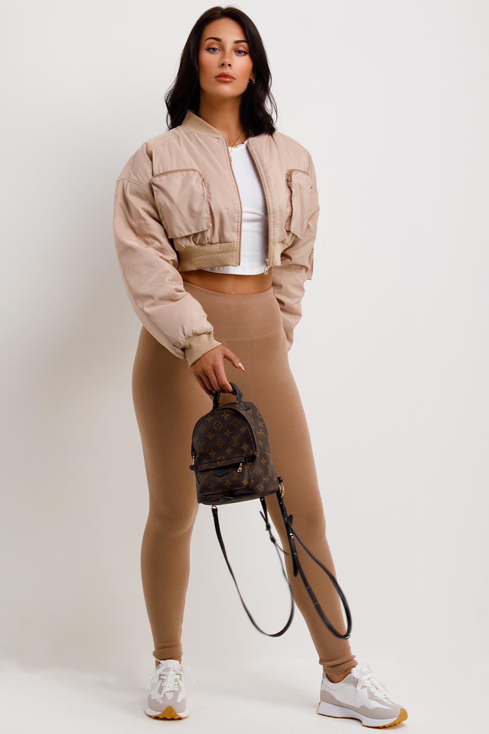 Crop Bomber Jacket with Pockets Beige | Xtralitty