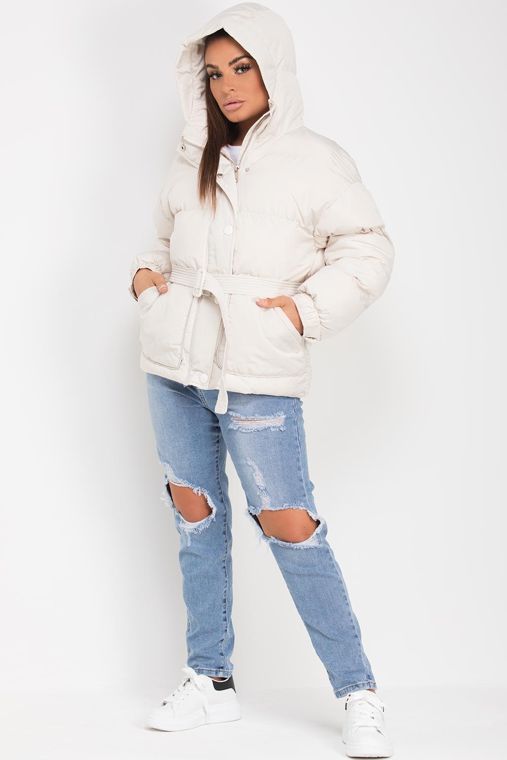 Puffer Padded Jacket with Belt Beige | Xtralitty