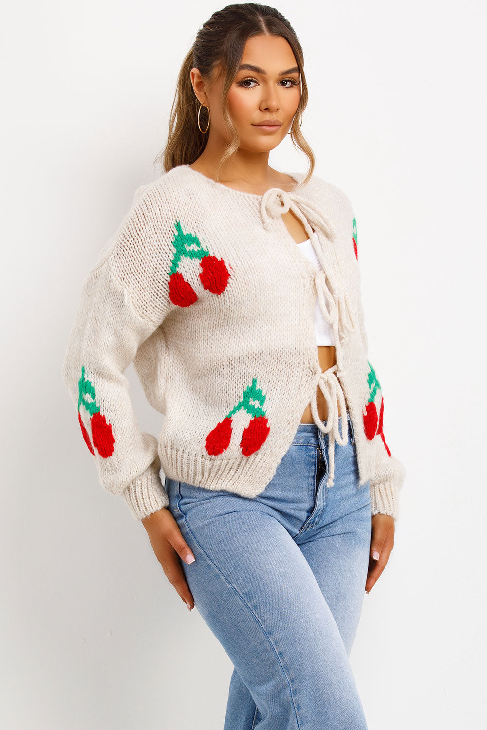 Cherry Knit Tie Front Cardigan Beige | Xtralitty