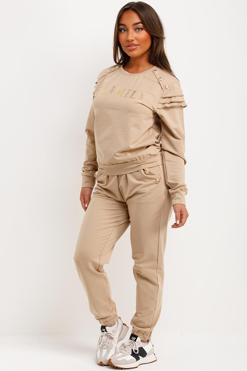 Gold Button Frill Shoulder Loungewear Set Beige | Xtralitty