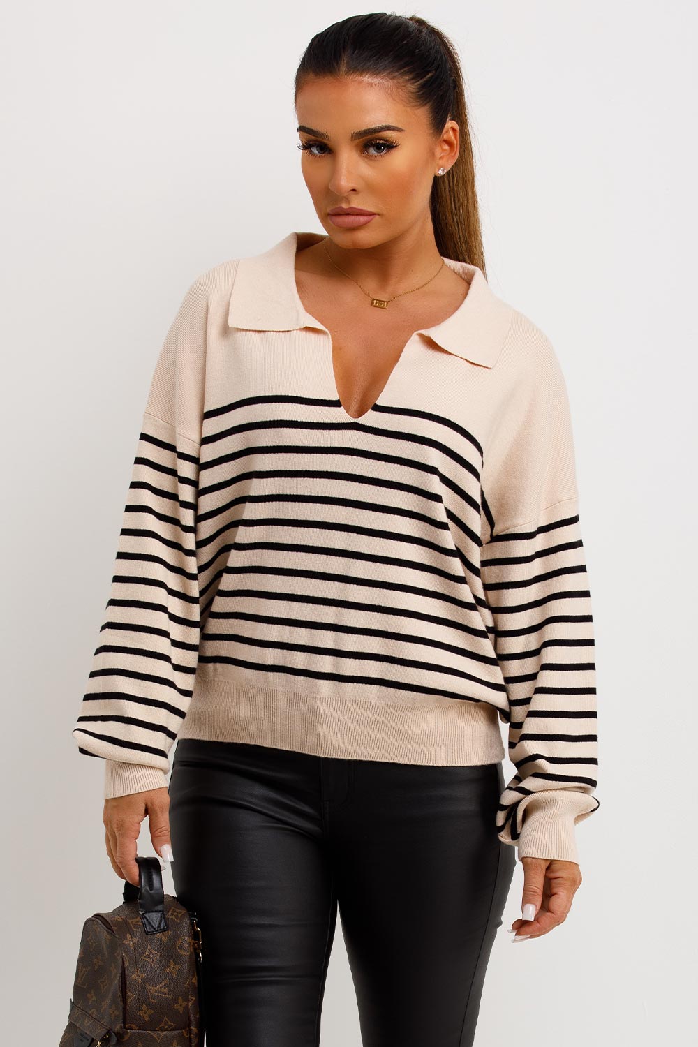 Striped Jumper with Collar Beige | Xtralitty