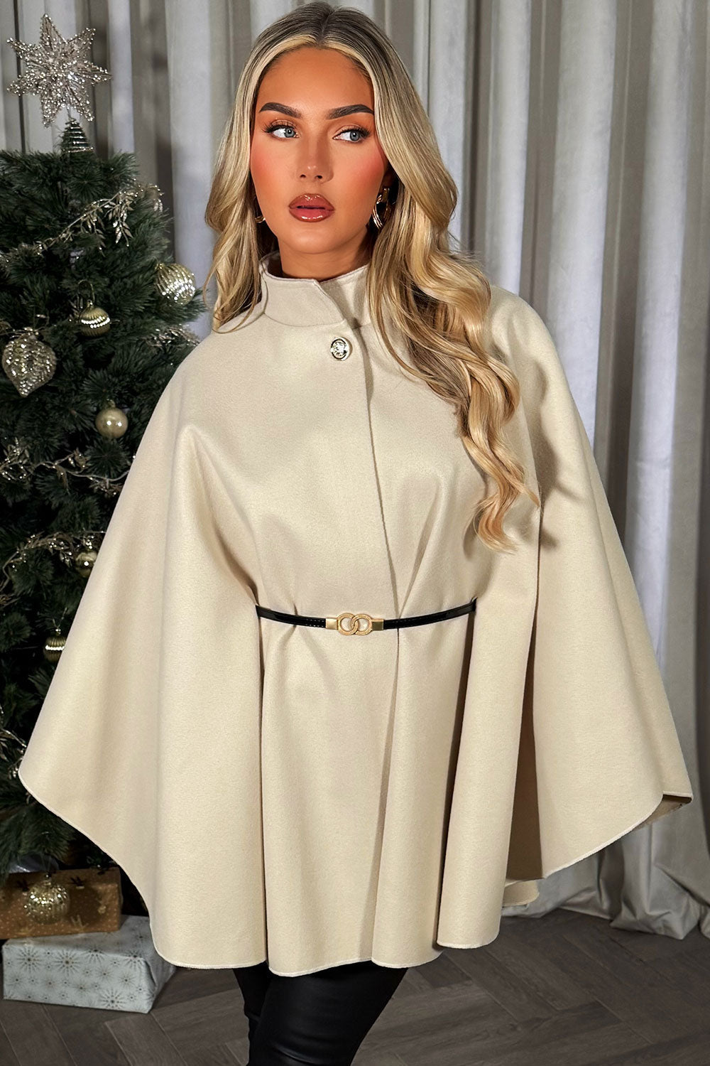 Cape with Belt and Button Beige Poncho | Xtralitty