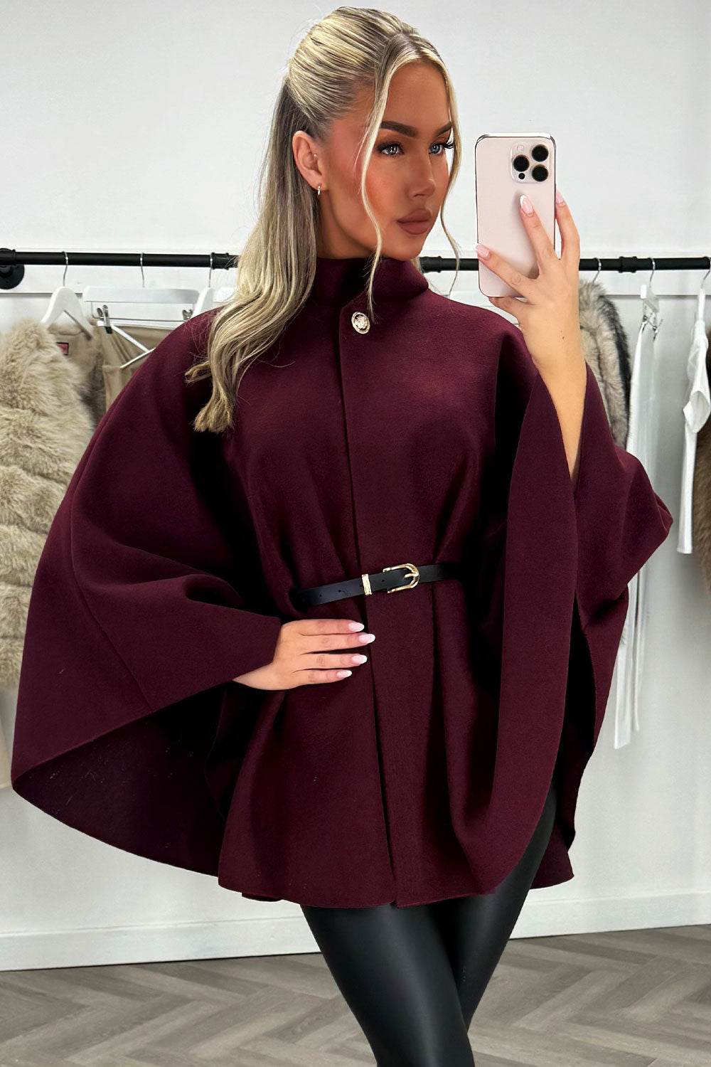 Cape with Belt and Button Burgundy Poncho | Xtralitty