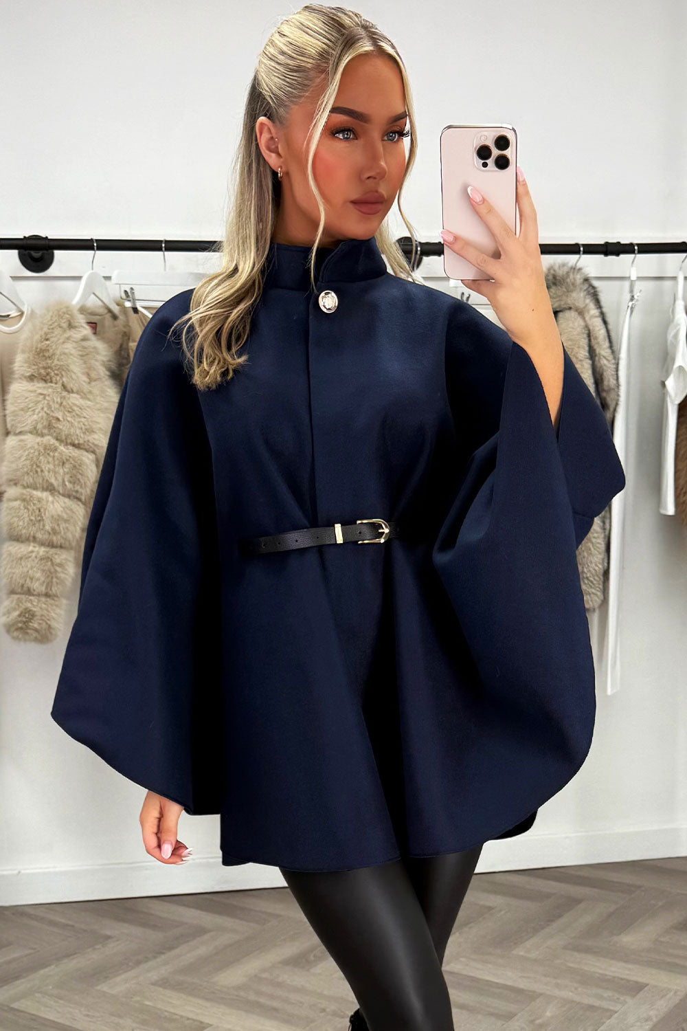 Cape with Belt and Button Navy Poncho | Xtralitty