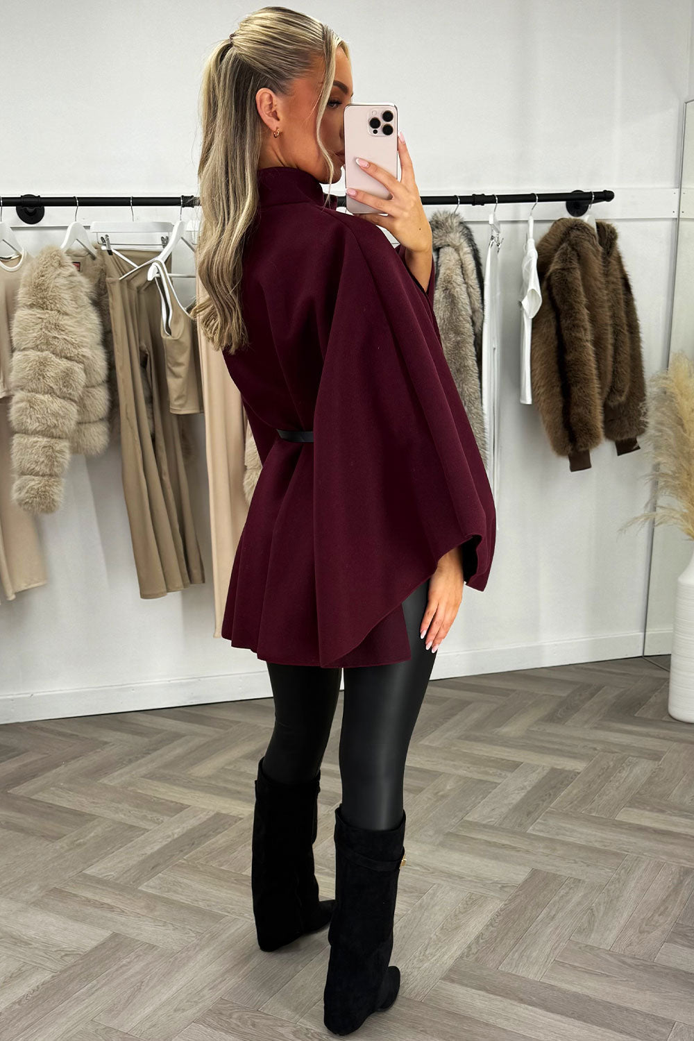 Cape with Belt and Button Burgundy Poncho | Xtralitty