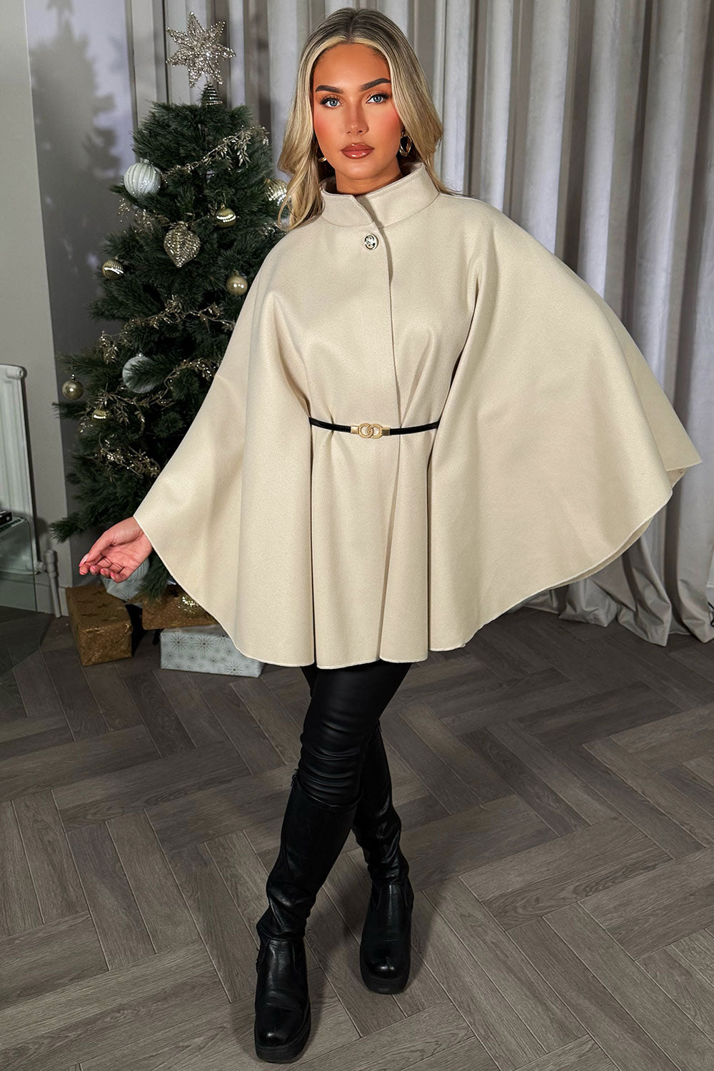 Cape with Belt and Button Beige Poncho | Xtralitty