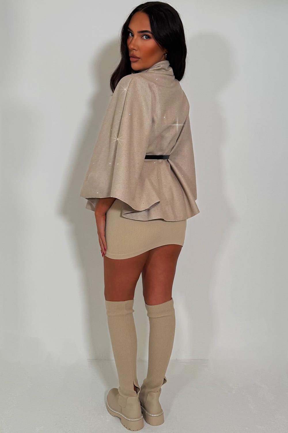 Cape with Diamante Rhinestone Belt Beige | Xtralitty