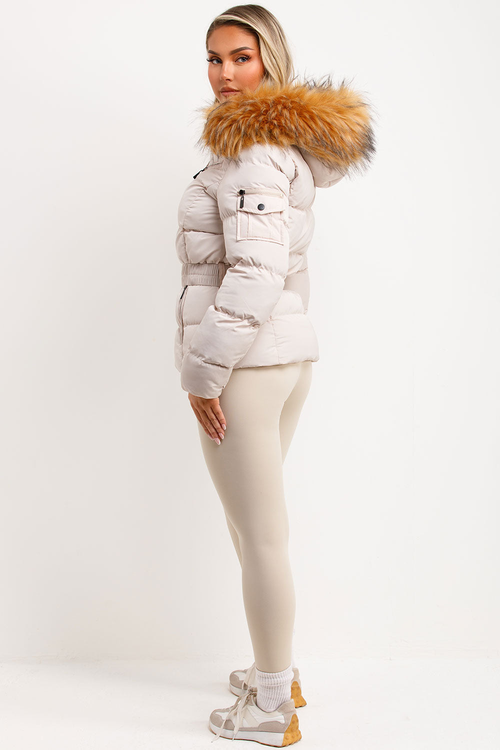 Faux Fur Hood Puffer Jacket with Belt Beige | Xtralitty