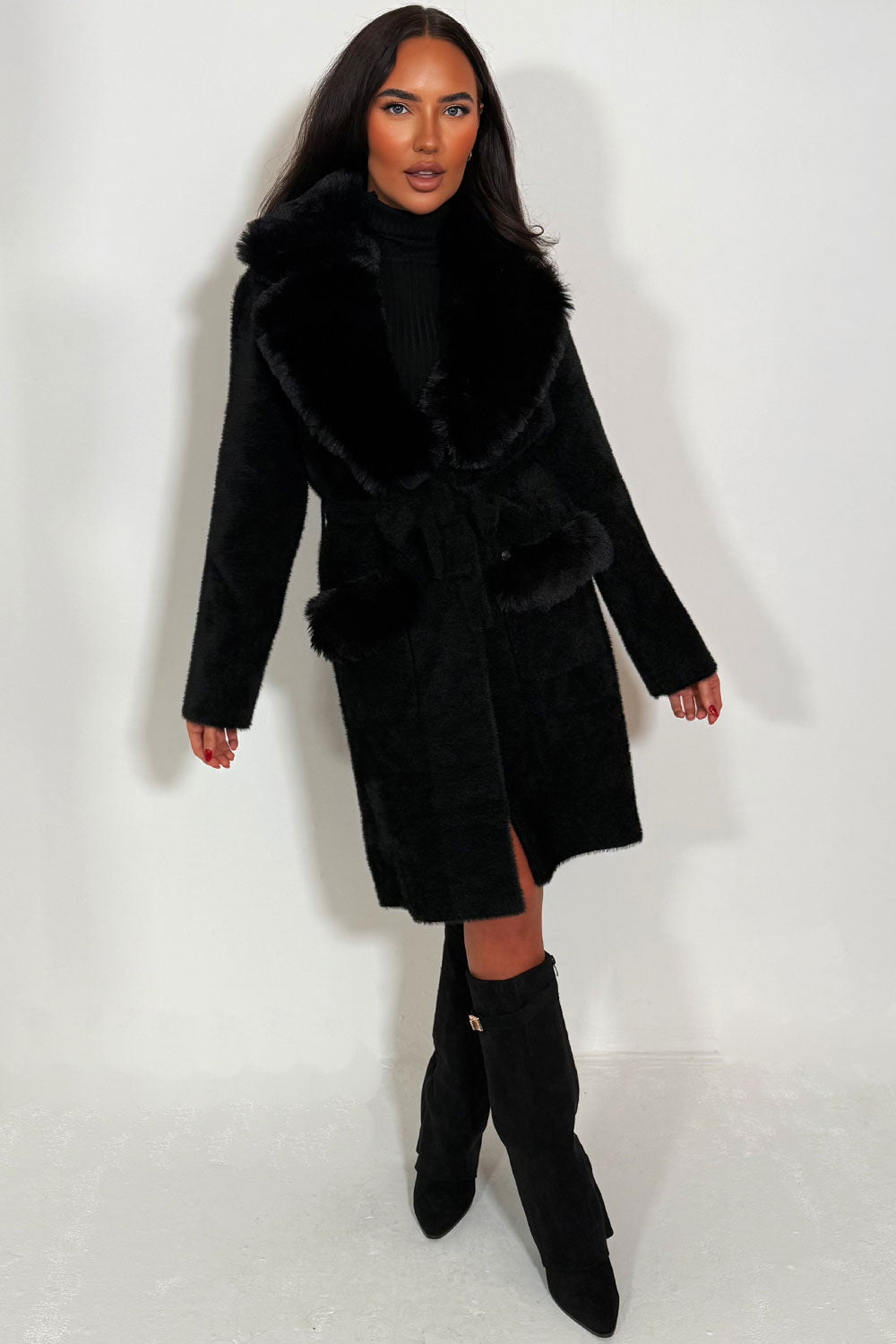 Faux Fur Collar Belted Coat with Faux Fur Cuff B | Xtralitty