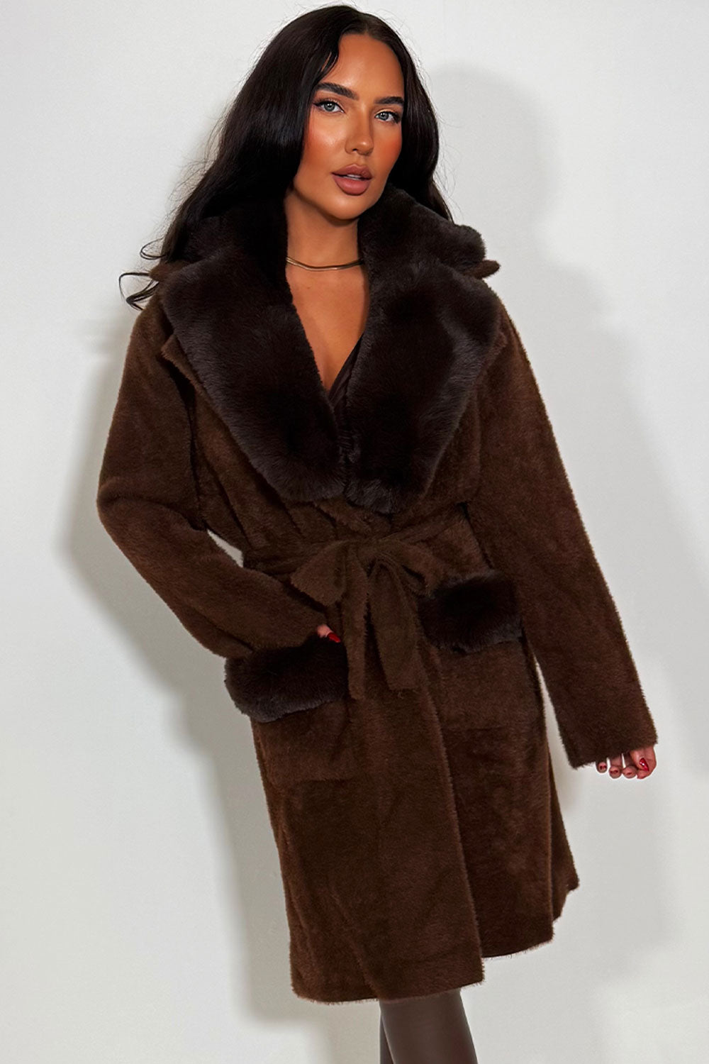 Faux Fur Collar Belted Coat with Faux Fur Cuff B | Xtralitty