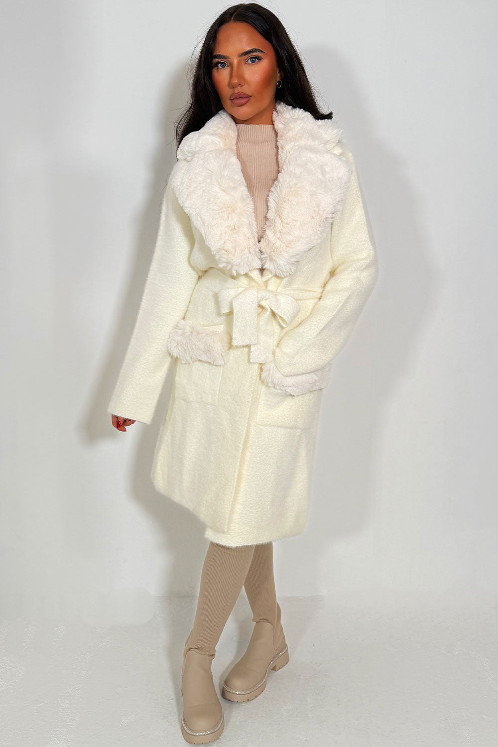 Faux Fur Collar Belted Coat with Faux Fur Cuff O | Xtralitty