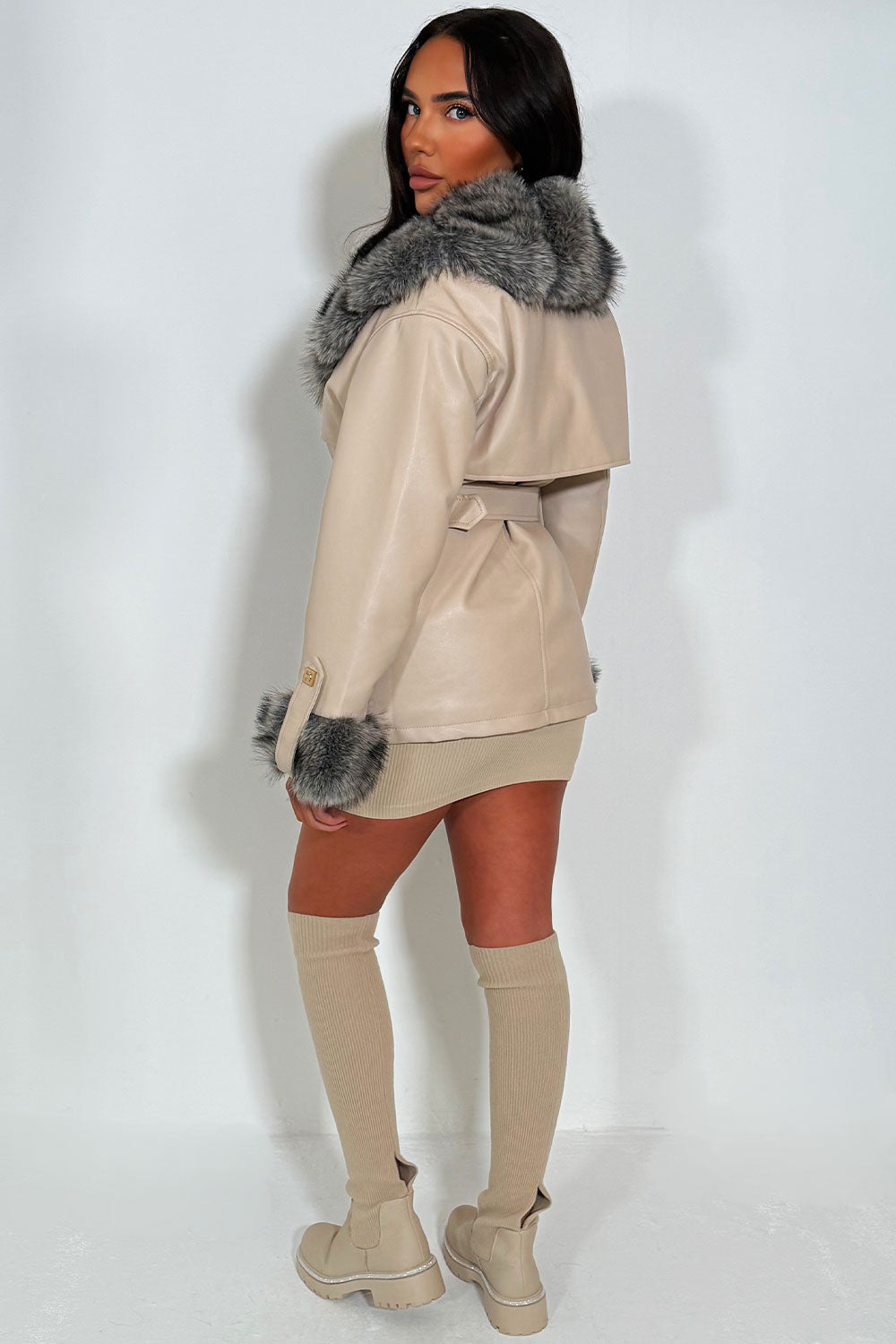 Faux Fur Collar and Cuff Faux Leather Jacket wit | Xtralitty