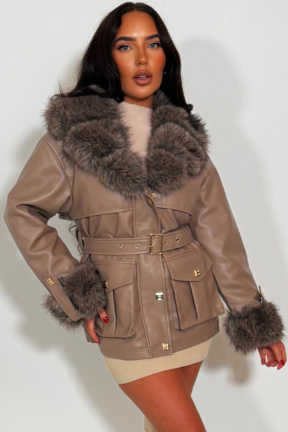 Faux Fur Collar and Cuff Faux Leather Jacket wit | Xtralitty