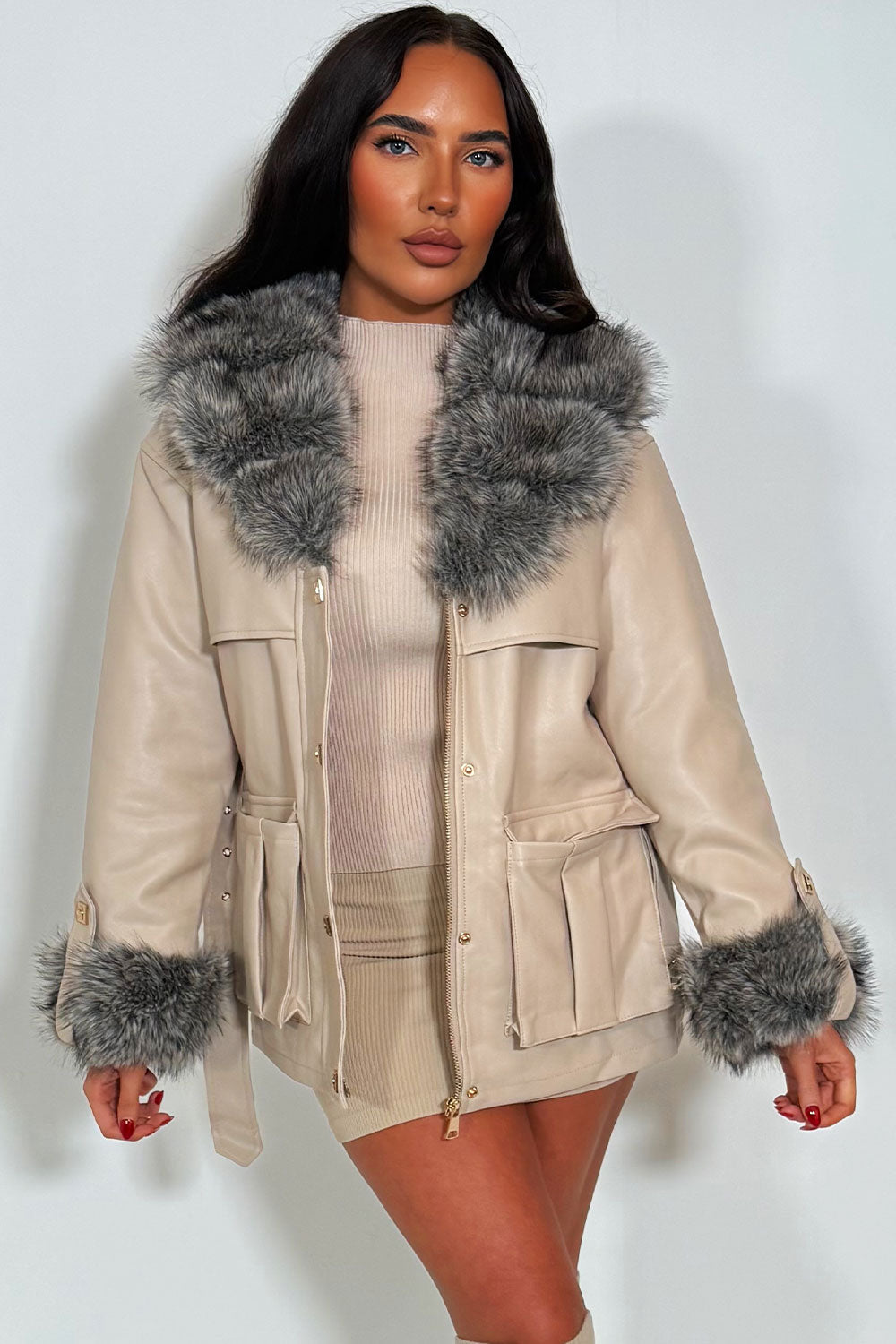 Faux Fur Collar and Cuff Faux Leather Jacket wit | Xtralitty