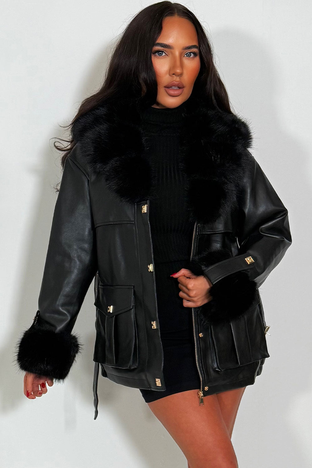 Faux Fur Collar and Cuff Faux Leather Jacket wit | Xtralitty