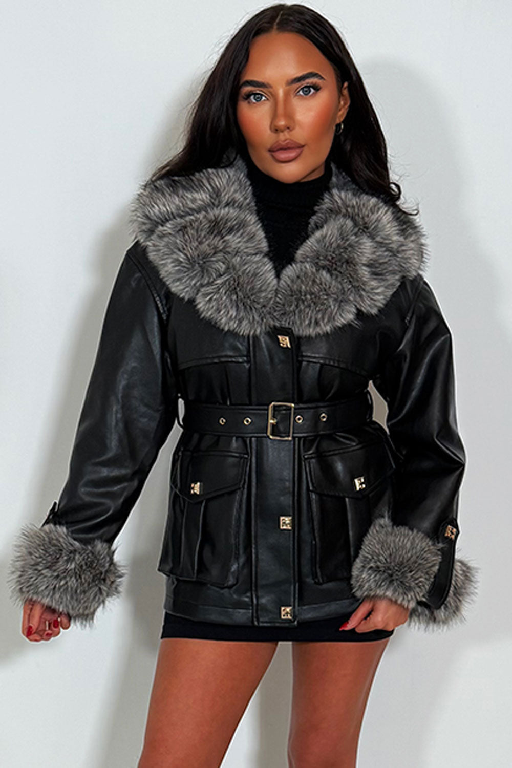 Contrast Faux Fur Collar and Cuff Faux Leather J | Xtralitty