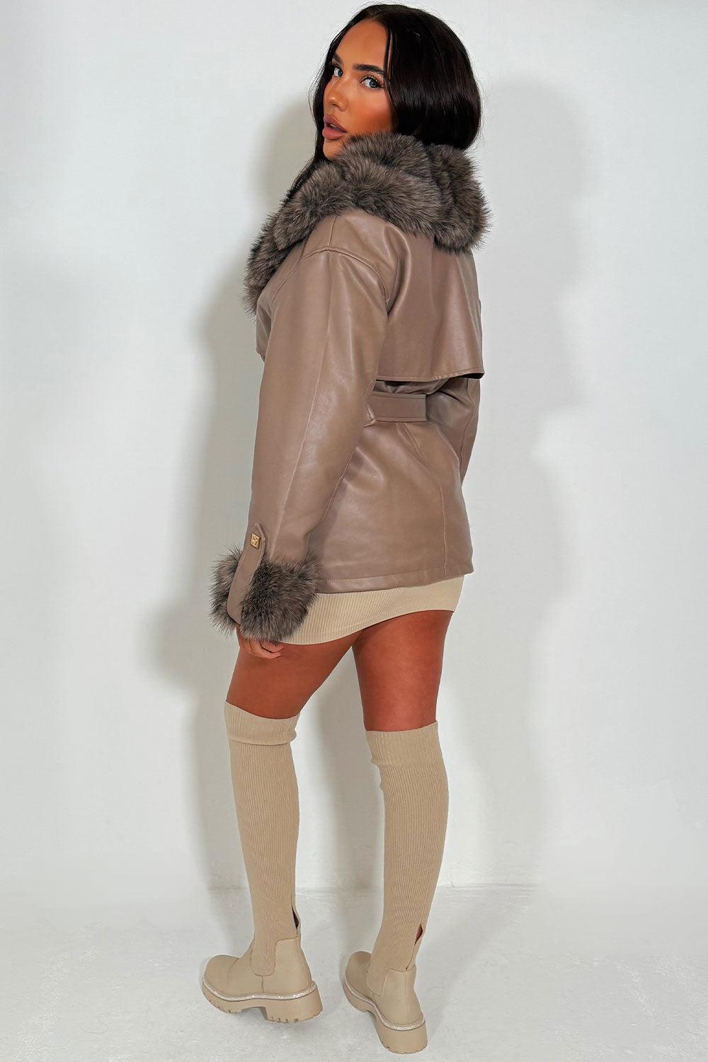 Faux Fur Collar and Cuff Faux Leather Jacket wit | Xtralitty
