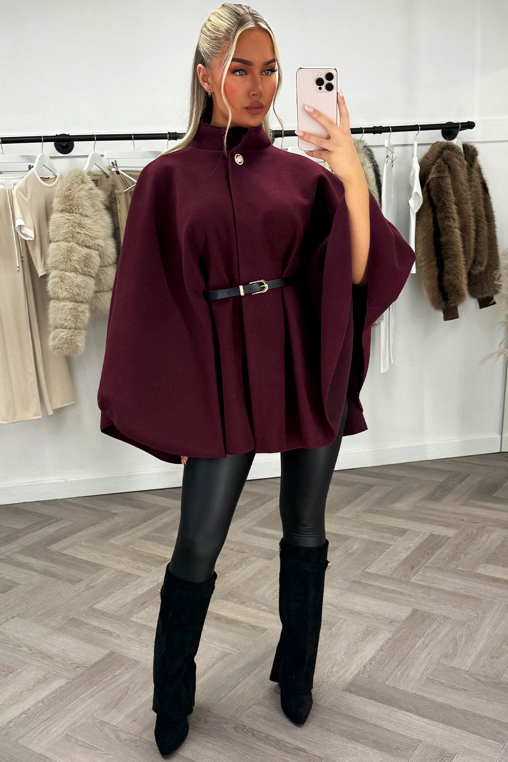 Cape with Belt and Button Burgundy Poncho | Xtralitty
