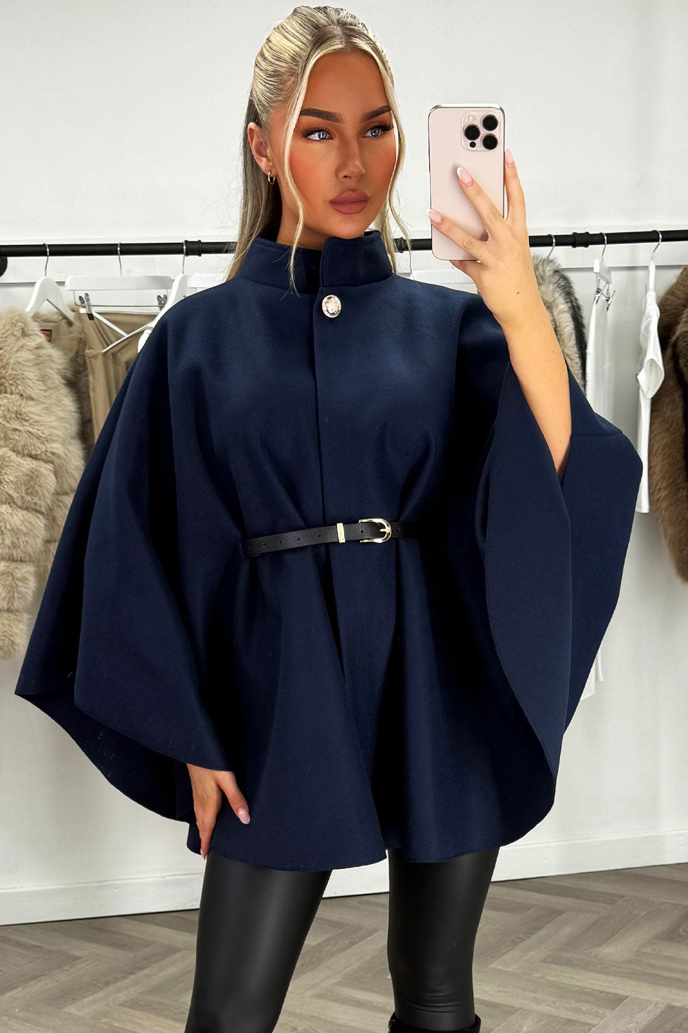 Cape with Belt and Button Navy Poncho | Xtralitty