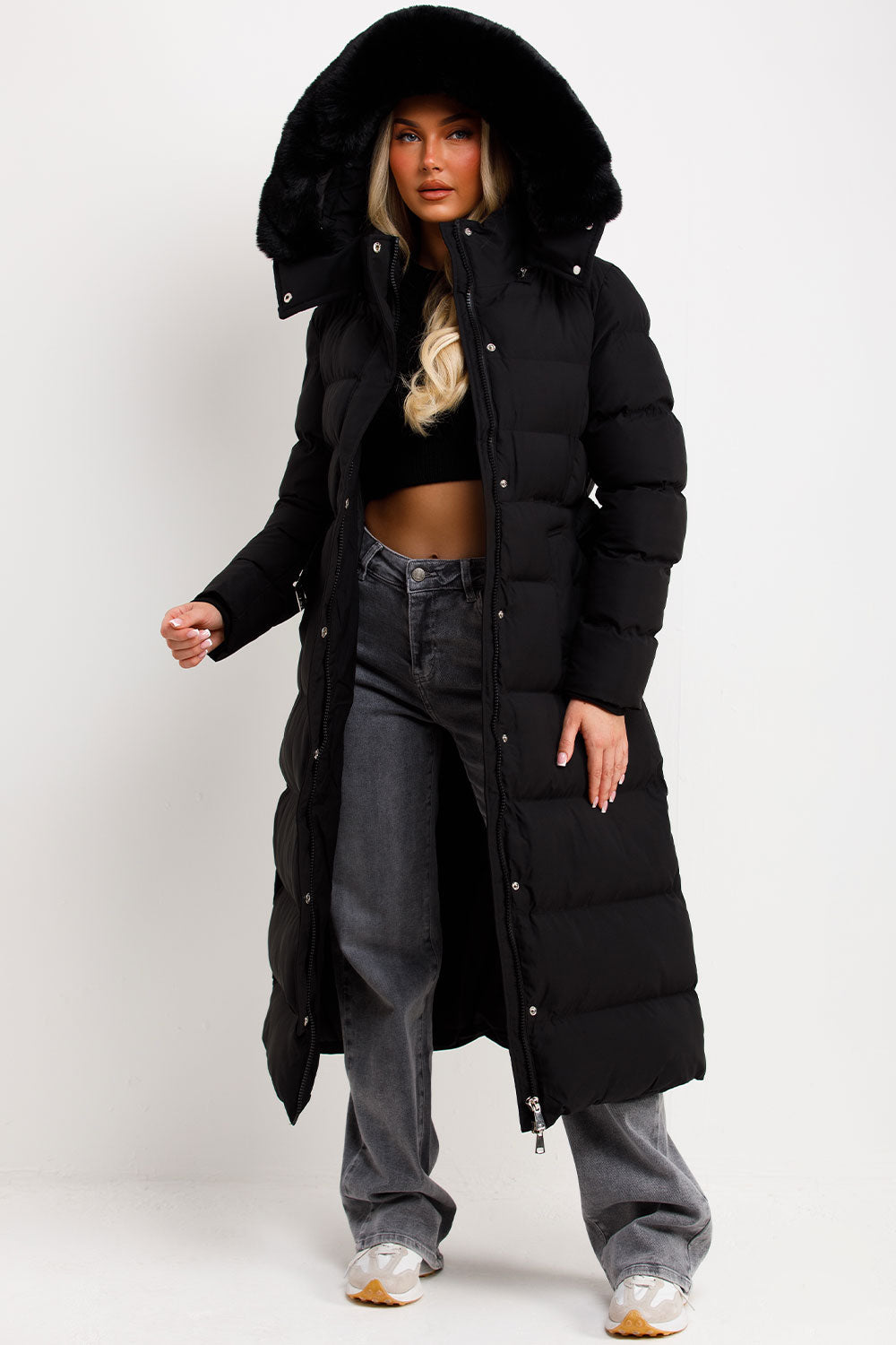 Long Puffer Coat with Faux Fur Hood and Belt Bla | Xtralitty