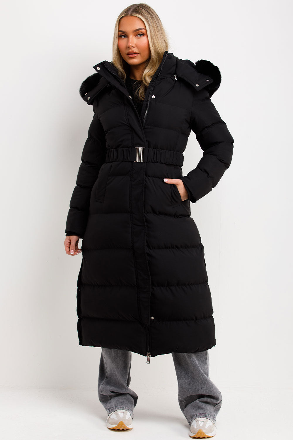 Long Puffer Coat with Faux Fur Hood and Belt Bla | Xtralitty